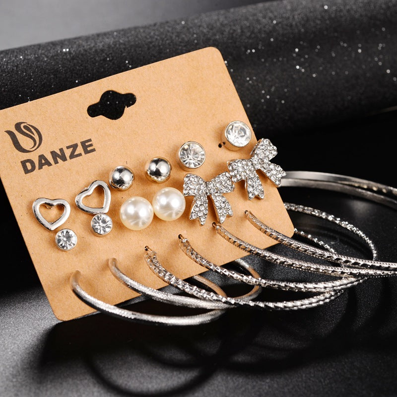 New Pearl Bow Heart Hoop Earrings & Geometric Stud Set