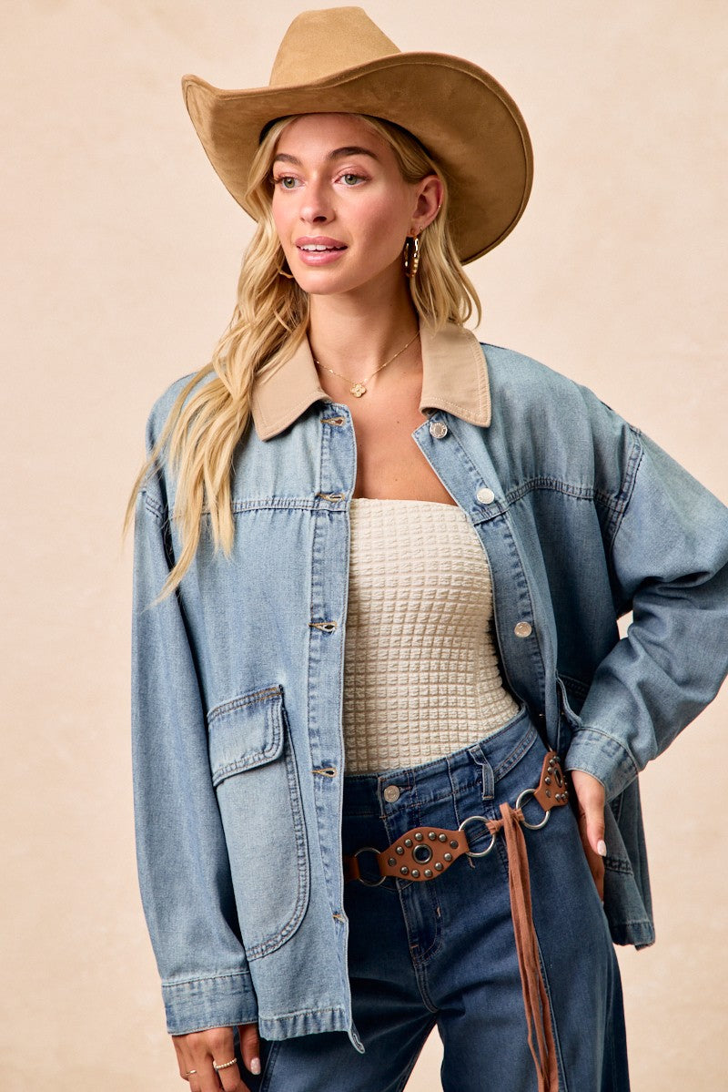 BiBi Washed Denim Jacket with Contrast Collar Detail
