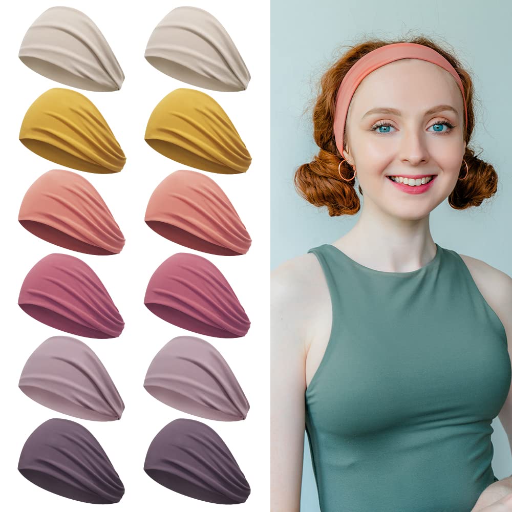 Z-CHARMMY Wide Non-Slip Headbands for Womens Hair Stretchy Hair Bands for Girls Elastic Sweat Headbands 12 Pieces
