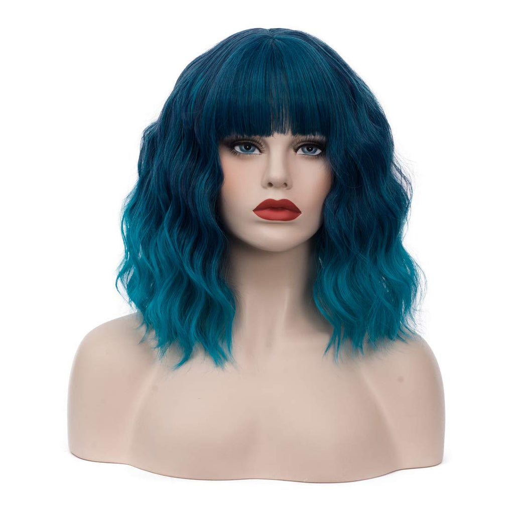 WGPFWIG Womens Blue Ombre Wig Short Curly Wavy Wig Shoulder Length Flat Bangs Wig For Women Girl Cosplay Party Halloween Wig Cap Included (Blue Ombre)