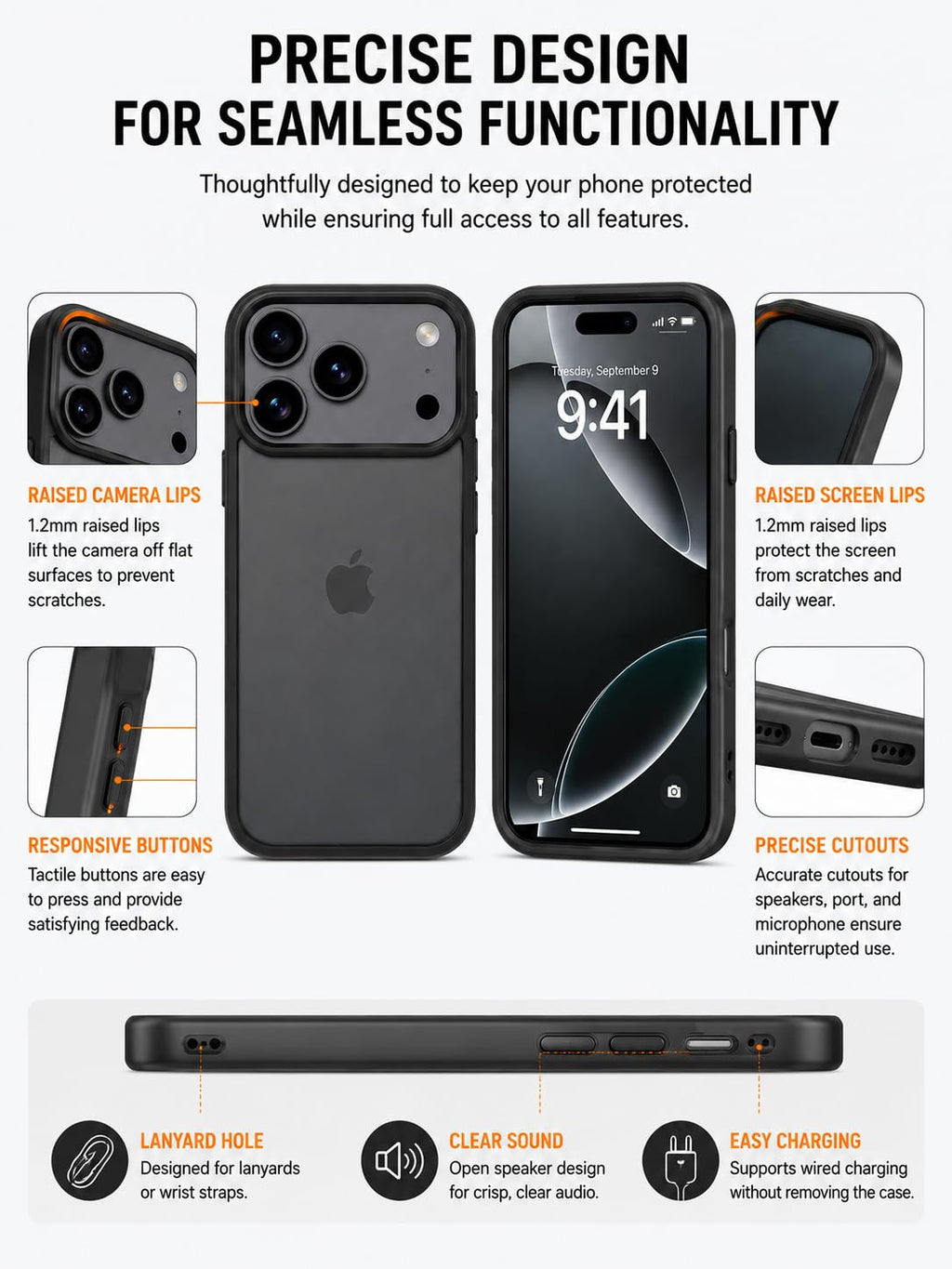 Translucent Matte Case for iPhone 17 Pro, Slim Shockproof Cover, 10FT Military Grade Drop Protection, Anti-Scratch Bumper, Black