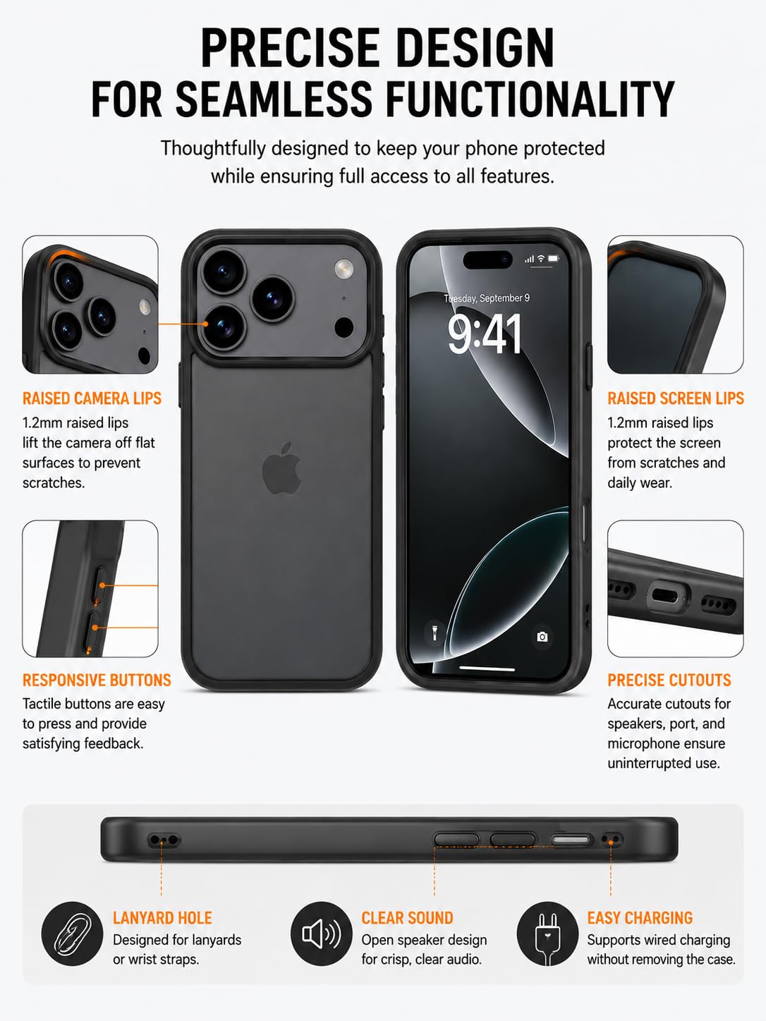 Translucent Matte Case for iPhone 17 Pro, Slim Shockproof Cover, 10FT Military Grade Drop Protection, Anti-Scratch Bumper, Black