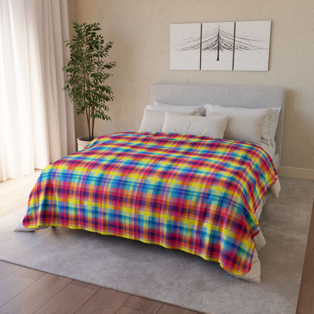 Bespattered Facade Rainbow Plaid Vibrant Fleece Sherpa Blanket | 2 Colors & Sizes