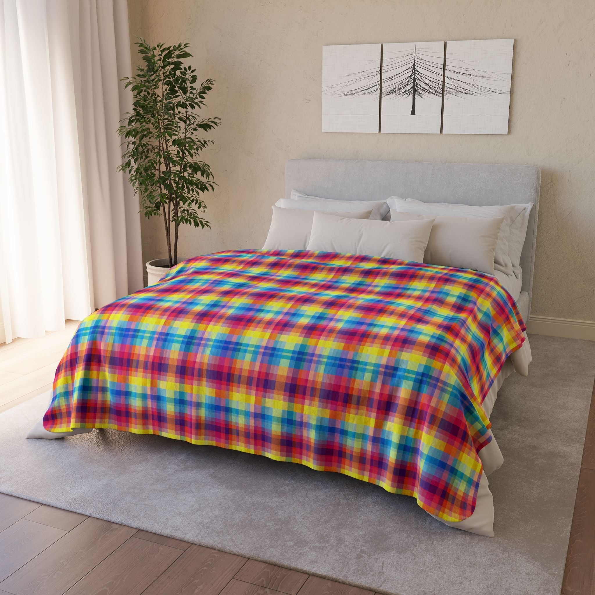 Bespattered Facade Rainbow Plaid Vibrant Fleece Sherpa Blanket | 2 Colors & Sizes