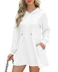 NANYUAYA Women Hoodie Dress Casual Sweatshirt Dress Long Sleeve Pullover Fall Trendy Hooded Dress Sport Dress with Pockets White