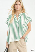 Umgee Mixed Stripe Split Neck Oversized Blouse