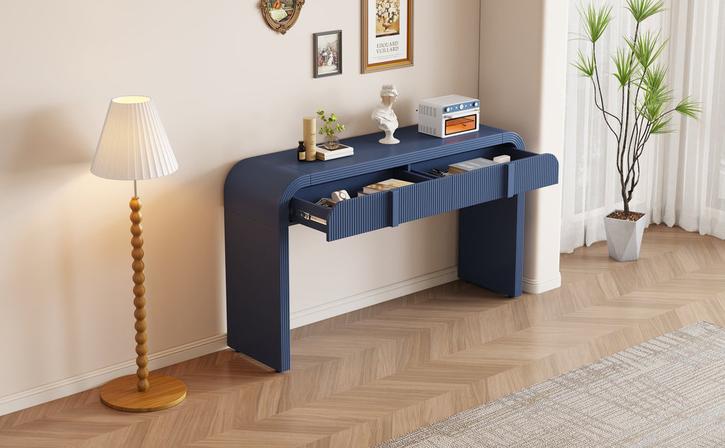 TREXM Modern Console Table with 2 Storage Drawers, Fluted Entryway Table with Rounded Silhouette for Hallway Living Room and Entryway (Navy Blue)