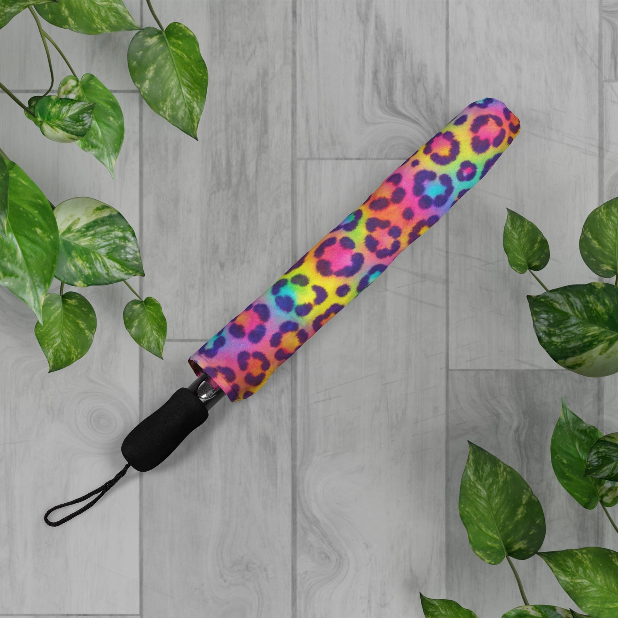 Rainbow Leopard Foldable Umbrella — Compact Semi-Automatic Rain Parasol