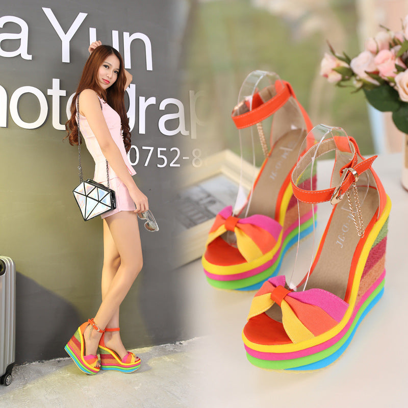 Summer New Rainbow Thick Sole Wedge Sandals for Women