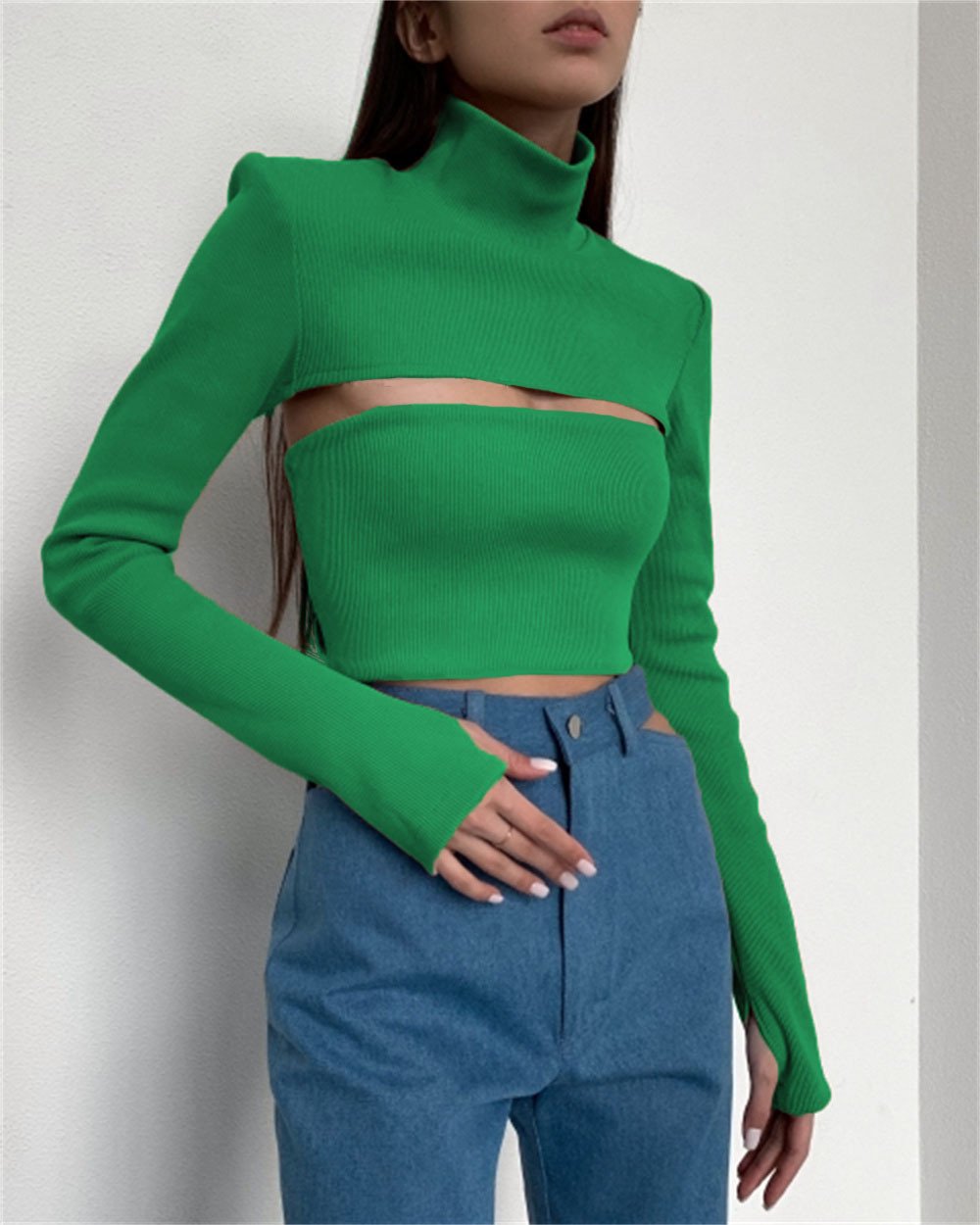Hollow High-neck Ribbed Long-sleeved Crop Top