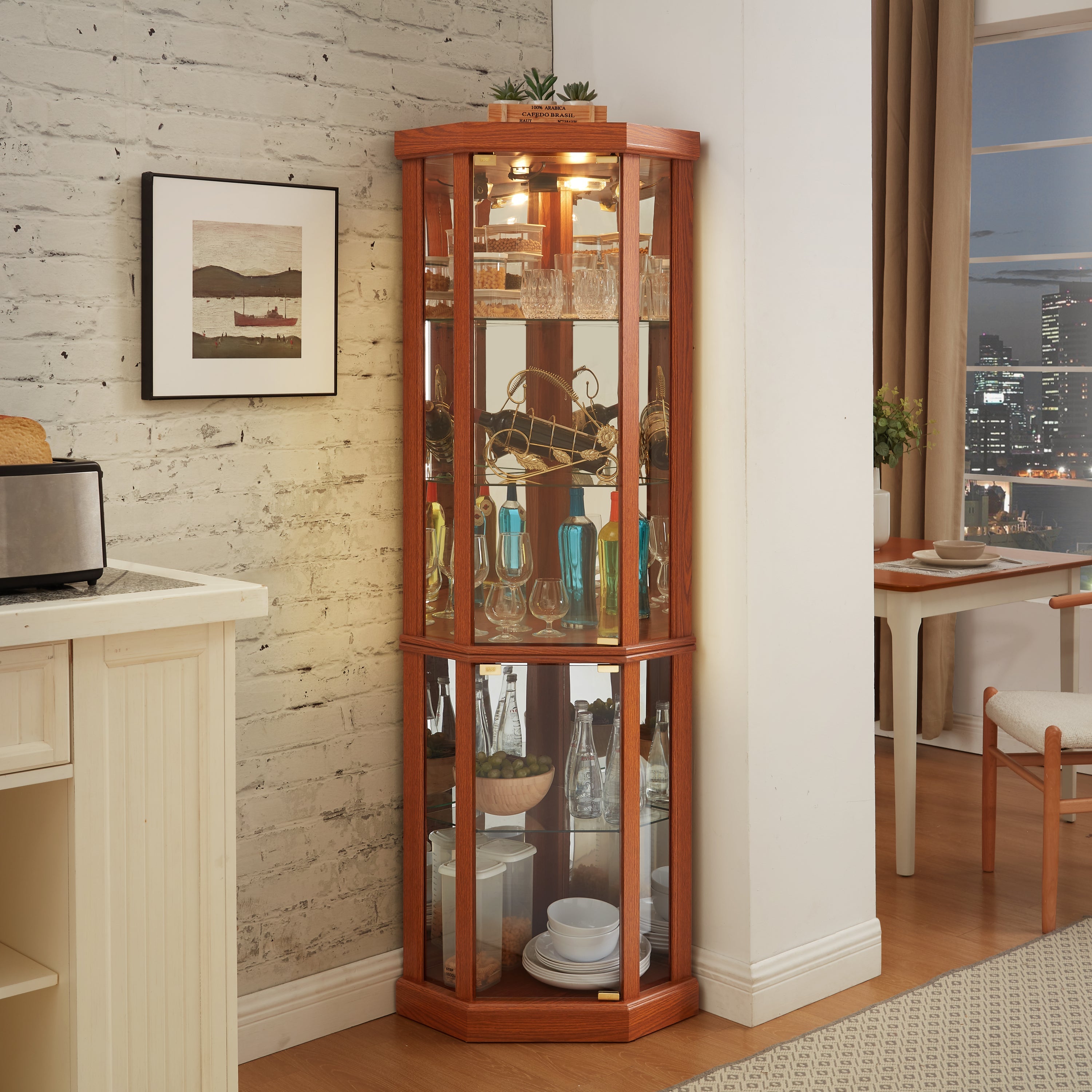 Corner Lighted Curio Cabinet Corner Glass Cabinet Lighted Curio Cabinet Corner Display Case for Living Room, Curio Cabinet, Antique collection, Wine,Bar Glass Storage Light Included,Dark oak