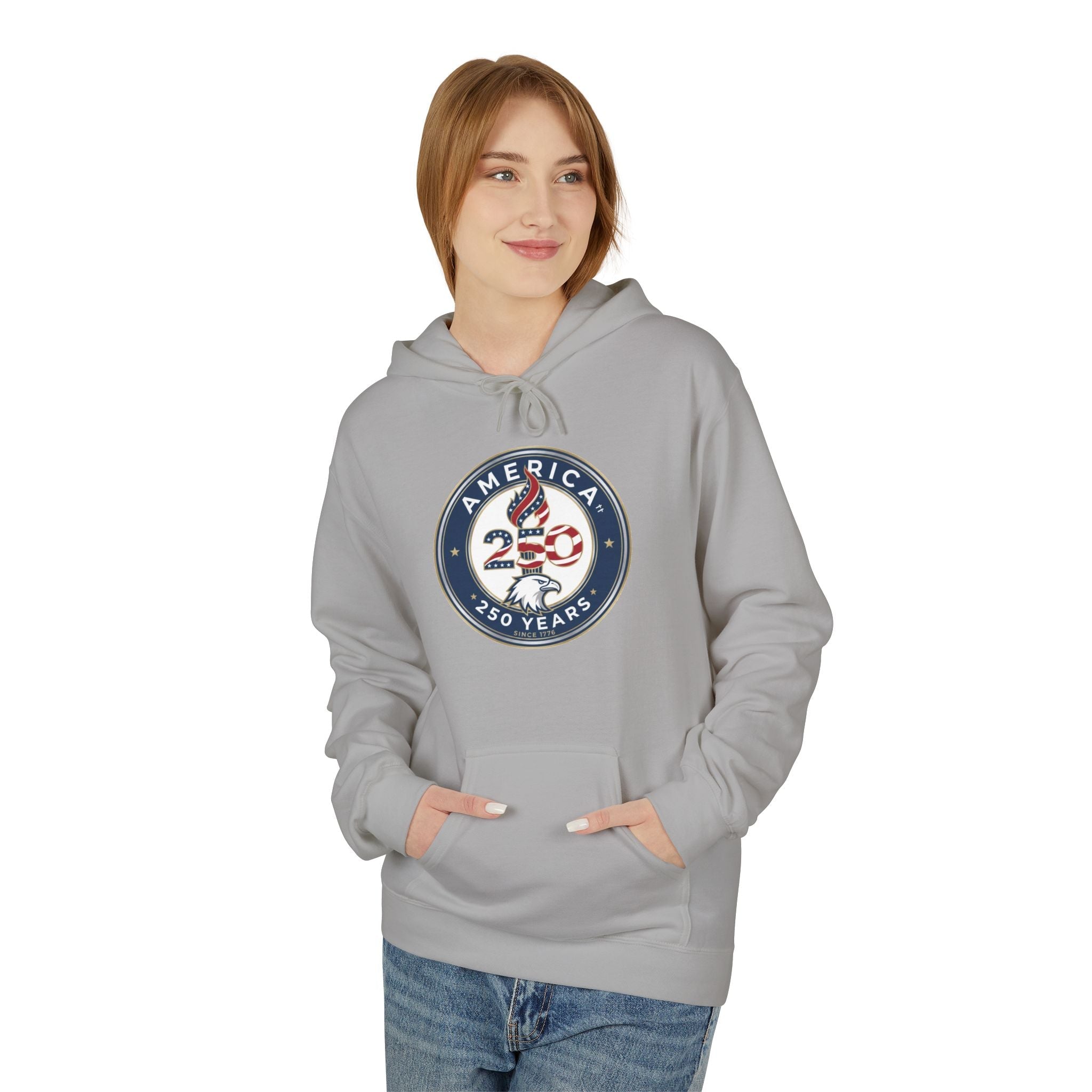 America 250 Years Badge Hoodie – USA Flag Patriotic Celebration Pullover