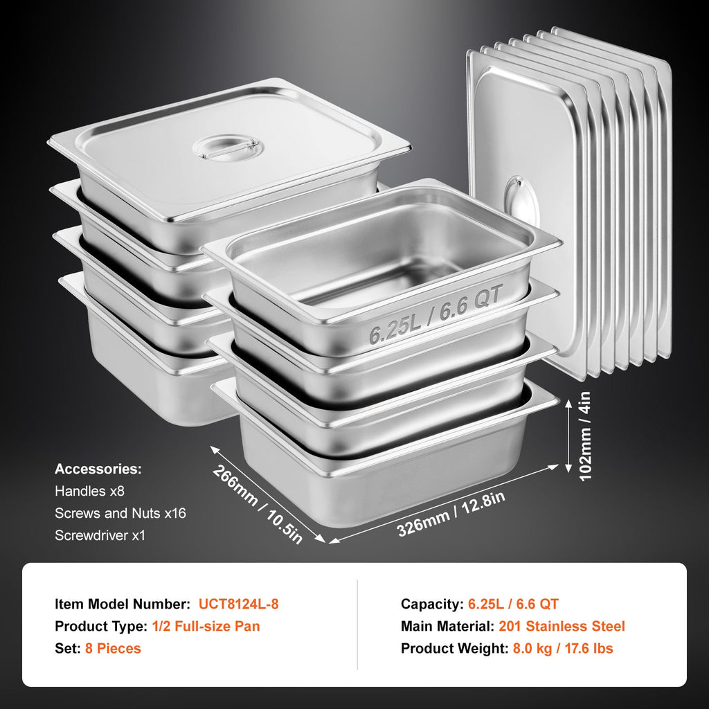 8 Pack Hotel Pans, 1/2 Size Anti-Jam Steam Pan with Lid, 0.8mm Thick Stainless Steel Steam Table Pan, 4-Inch Deep Commercial Table Pan, Catering Storage Food Pan, for Industrial & Scientific