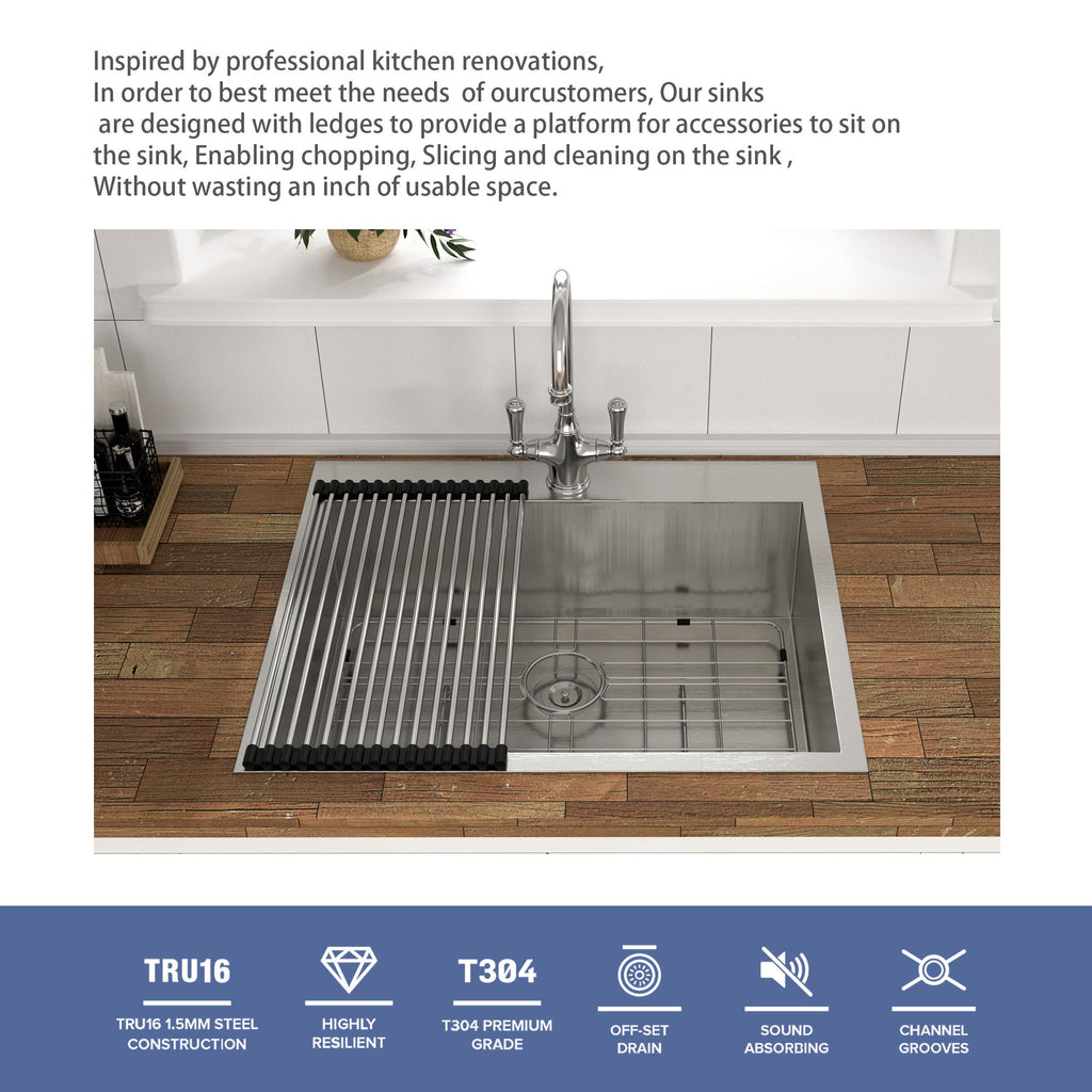 Brushed Nickel Stainless Steel 25 x 22 x 9 Inch Kitchen Sink Drop In with Single Bowl Topmount Design