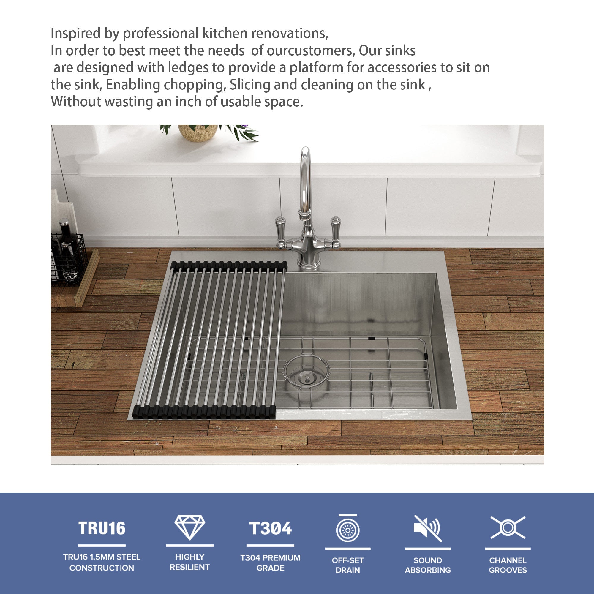 Brushed Nickel Stainless Steel 25 x 22 x 9 Inch Kitchen Sink Drop In with Single Bowl Topmount Design
