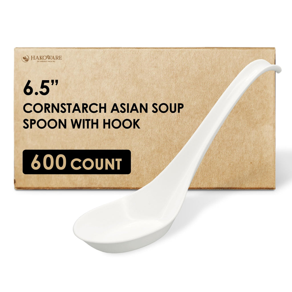 [600 COUNT] HAKOWARE Disposable Large Asian Soup Spoons with Hook made from Crystalized Cornstarch for Take-out Ramen Pho Noodles Disposable Utensils Bulk Size Durable