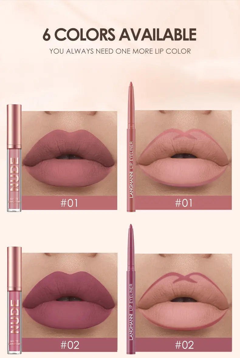 6 Color 2 In 1 Lip Liner & Gloss Set - Matte Finish