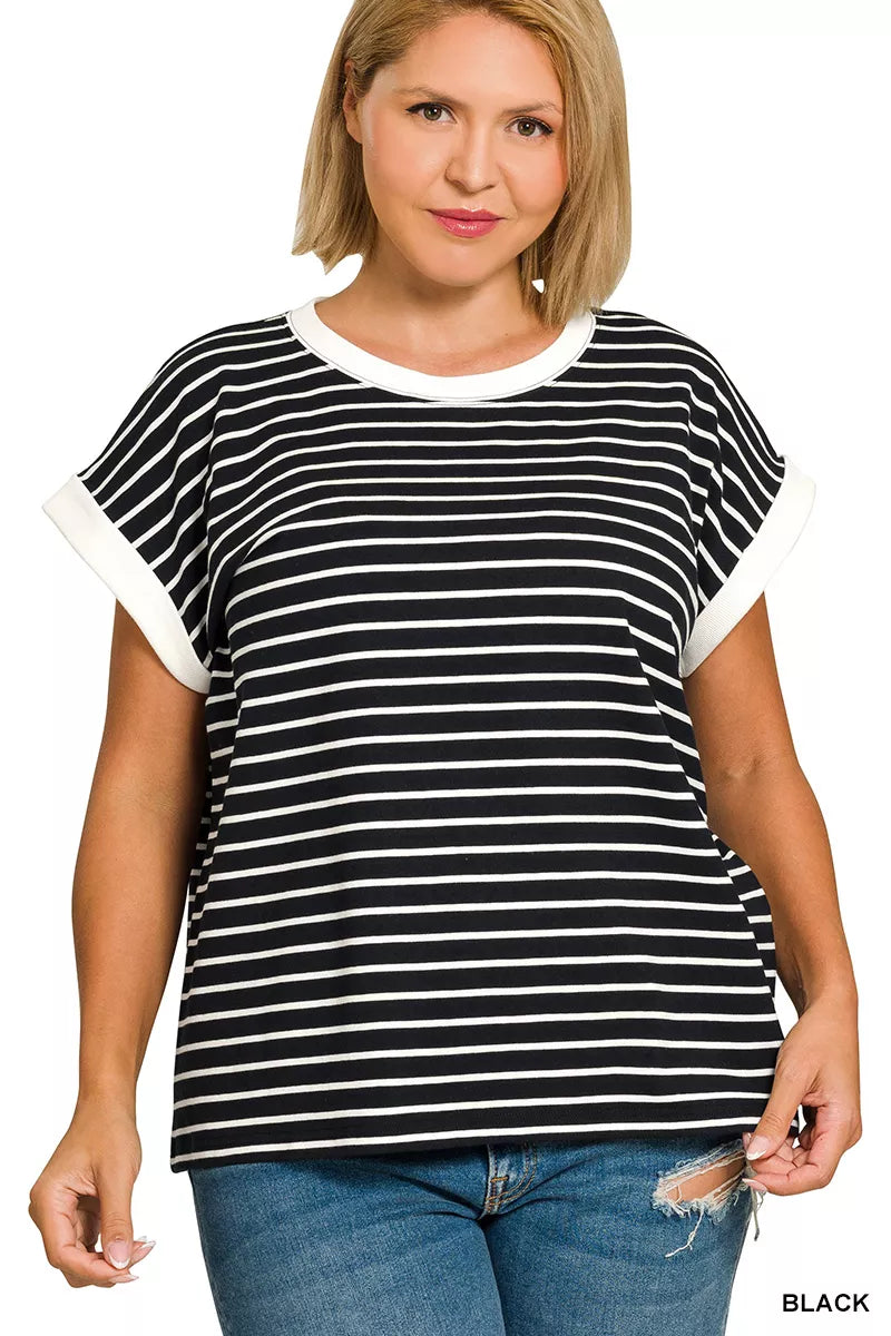 Zenana Full Size Contrast Trim Cap Sleeve Stripe Tee Plus Size