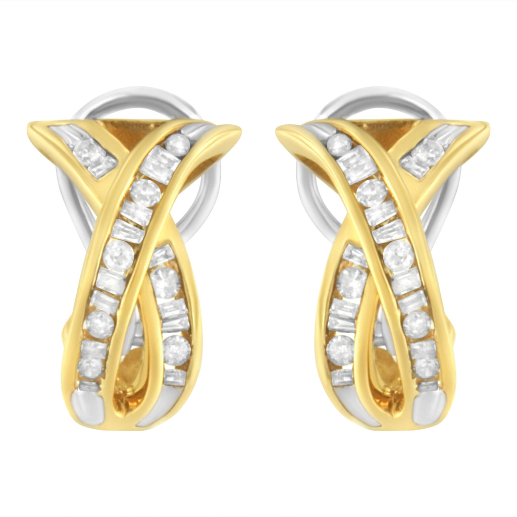14K Yellow and White Gold 1/2 TDW "X" Shape Cross Over Diamond Hoop Earrings (I-J, I2-I3)