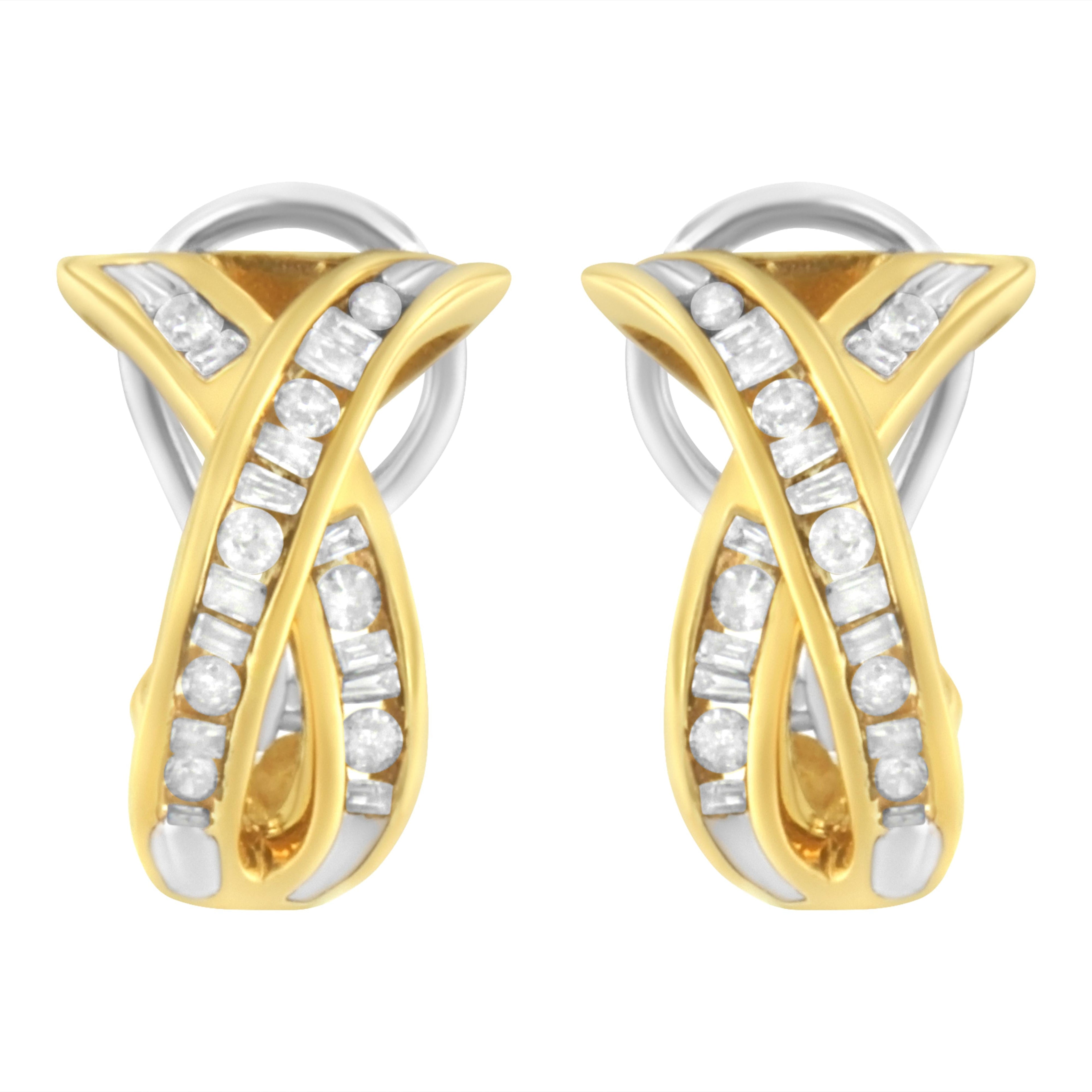 14K Yellow and White Gold 1/2 TDW "X" Shape Cross Over Diamond Hoop Earrings (I-J, I2-I3)