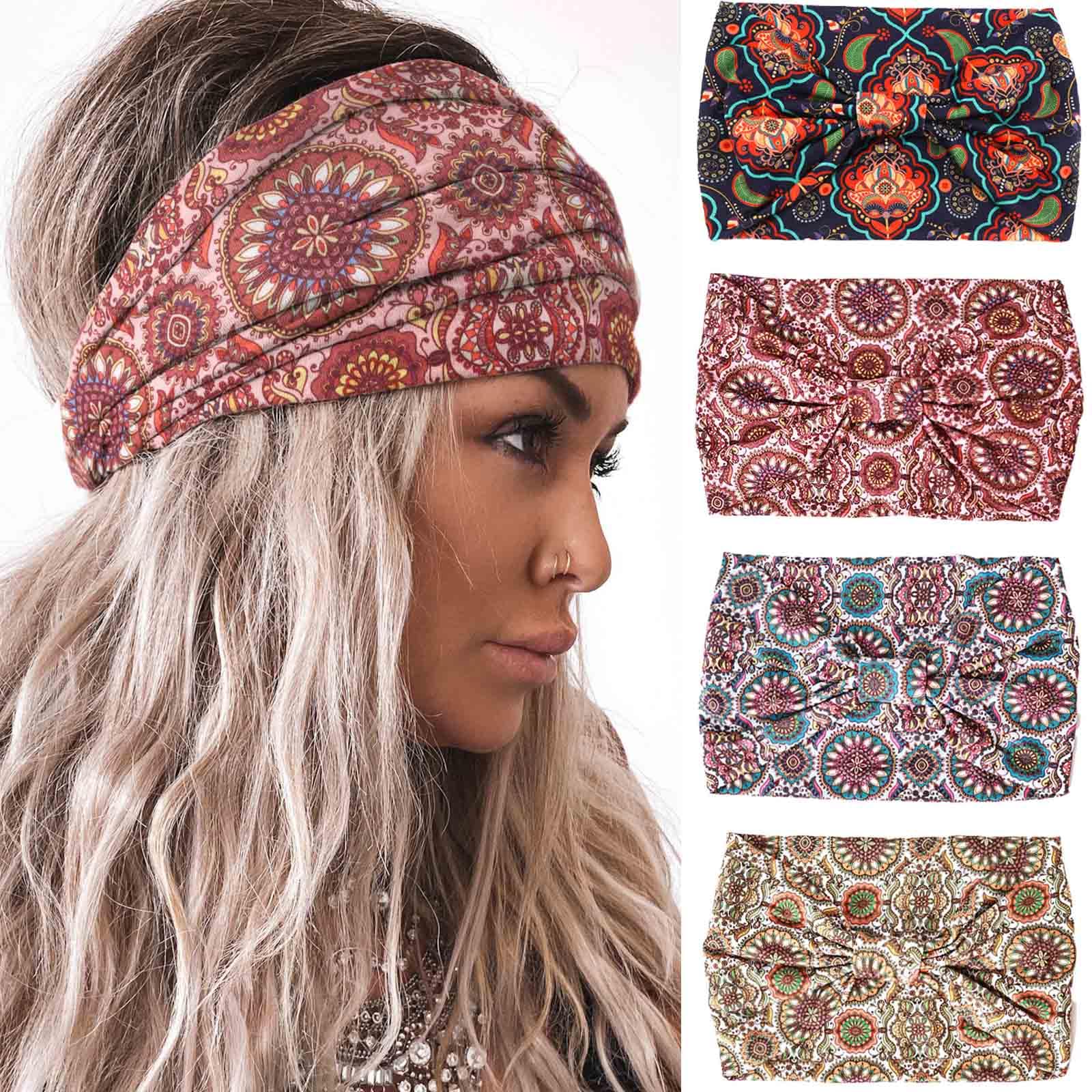 Acenail Wide Headbands Women Boho Turban Knotted Headband Floral Elastic Non Slip Hairband Workout Yoga Head Scarfs Bohemian Headwraps Fashion Hair Accessories for Women 4Pcs (Stylish)
