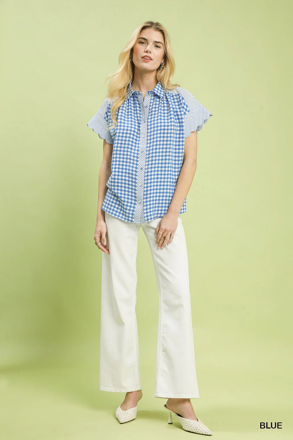 Umgee Mixed Gingham Short Sleeve Shirt