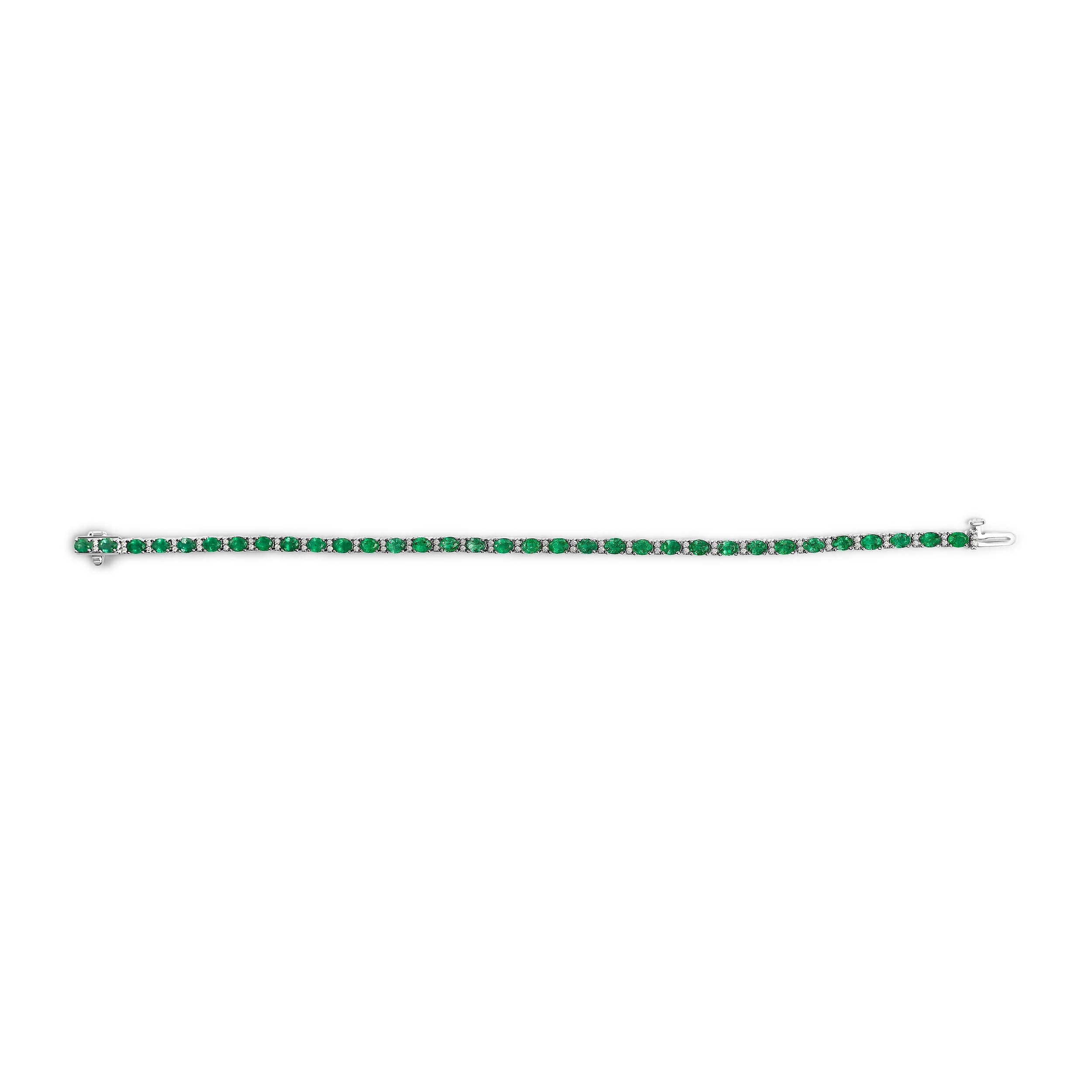 14K White Gold Alternating Oval Green Emerald and Diamond Tennis Bracelet