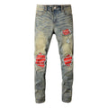 Men's Light Colored Elastic Pleated Red Printed Jeans