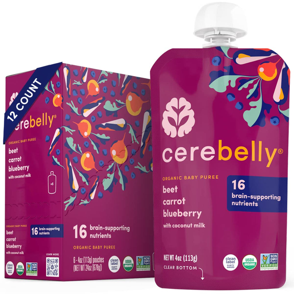 Cerebelly Baby Food Pouches – Organic Beet Carrot Blueberry (4 oz Pack of 12) - Toddler Snacks 16 Brain-supporting Nutrients Healthy Snacks Made with Gluten-Free Ingredients No Added Sugar
