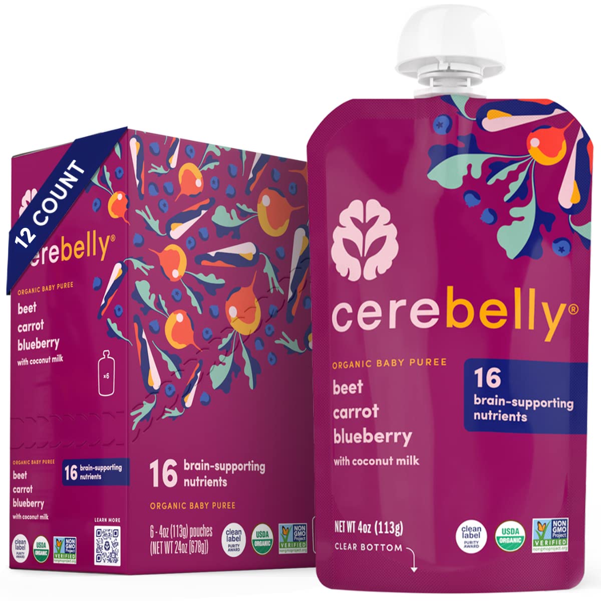 Cerebelly Baby Food Pouches – Organic Beet Carrot Blueberry (4 oz Pack of 12) - Toddler Snacks 16 Brain-supporting Nutrients Healthy Snacks Made with Gluten-Free Ingredients No Added Sugar