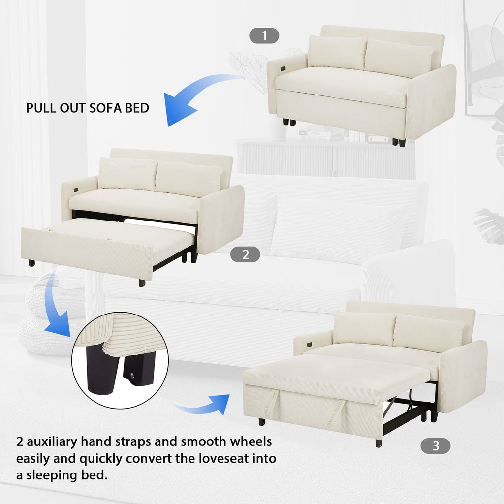 Modern Convertible Pull-out Sofa Bed with USB Ports and Pillows, Beige Corduroy, 57.48 inches