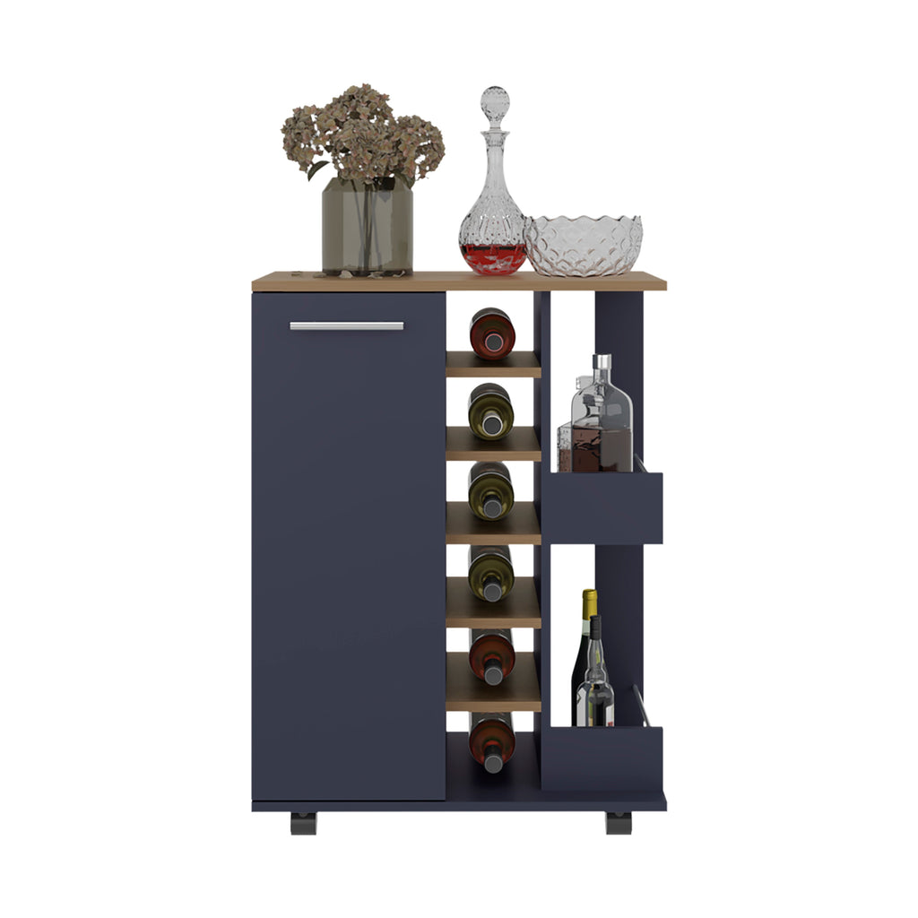 Carefree bar cabinet, bottle racks, double side shelves, modern design in Kronos Ash and Kronos Blue.
