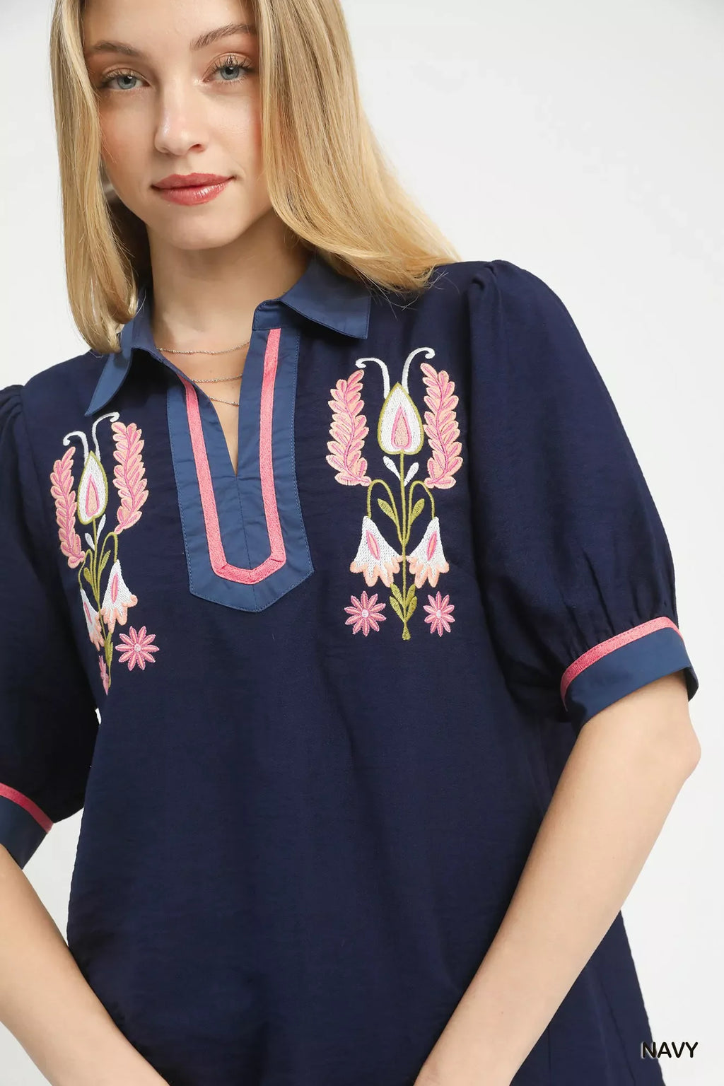 Umgee Embroidered Puff Sleeve Contrast Trim Top