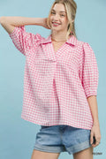 Umgee Gingham Puff Sleeve Collared Blouse
