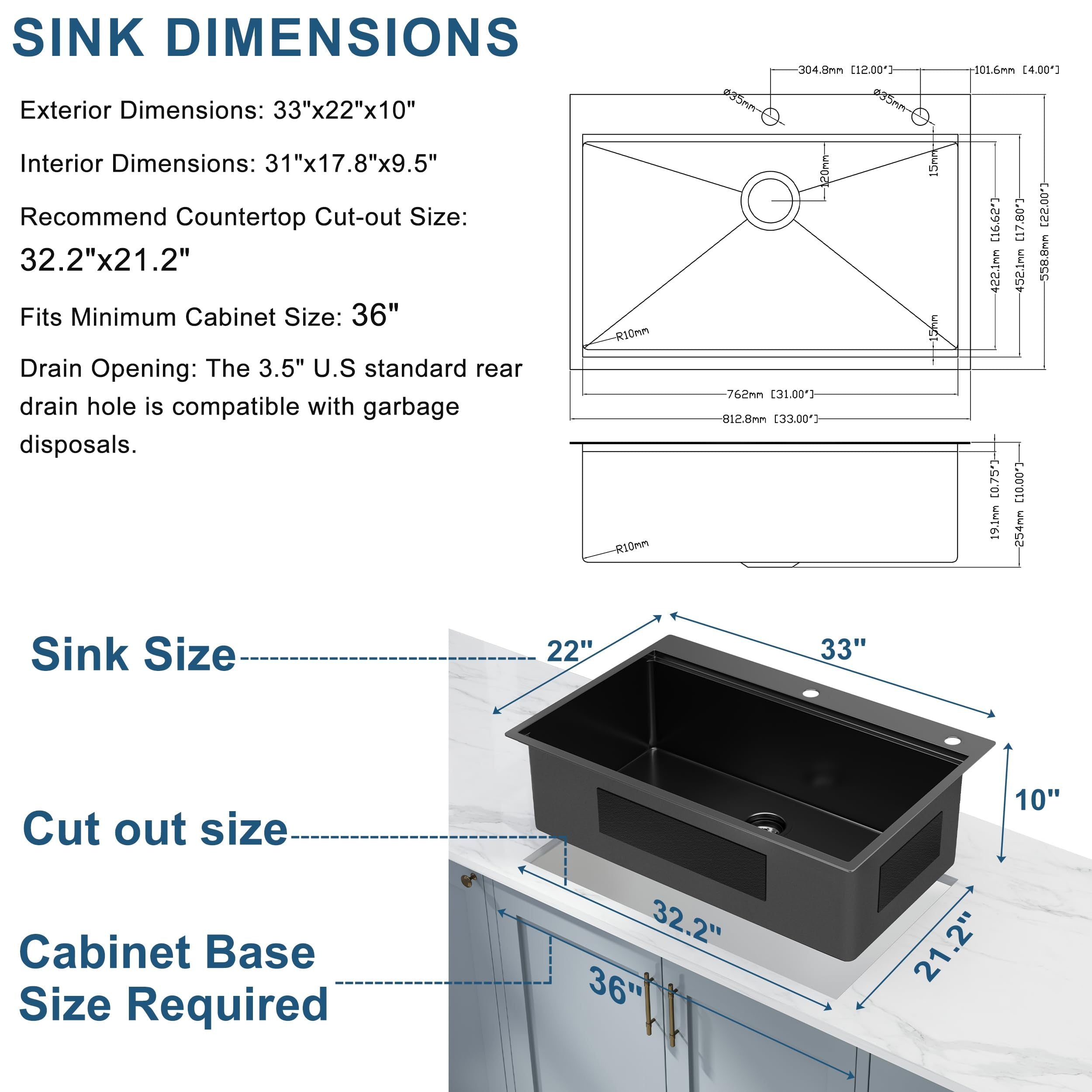 33 Inch Gunmetal Black Drop in Workstation kithchen Sink -33 'x 22' 16 Gauge Topmount Drop in Single Bowl Stainless Steel Kitchen Sink with Accessories