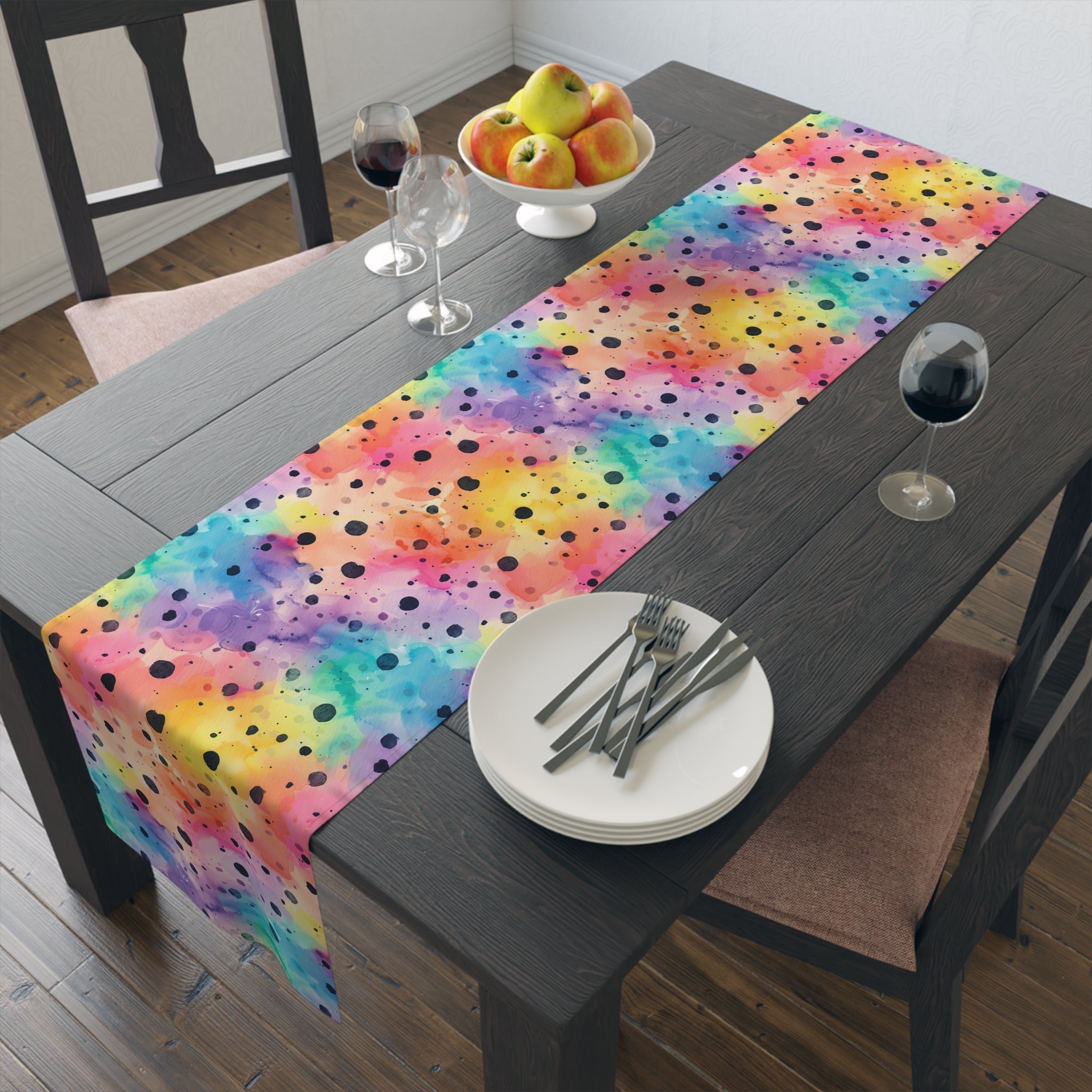 Bespattered Facade Rainbow Watercolor Dots Table Runner (2 sizes)