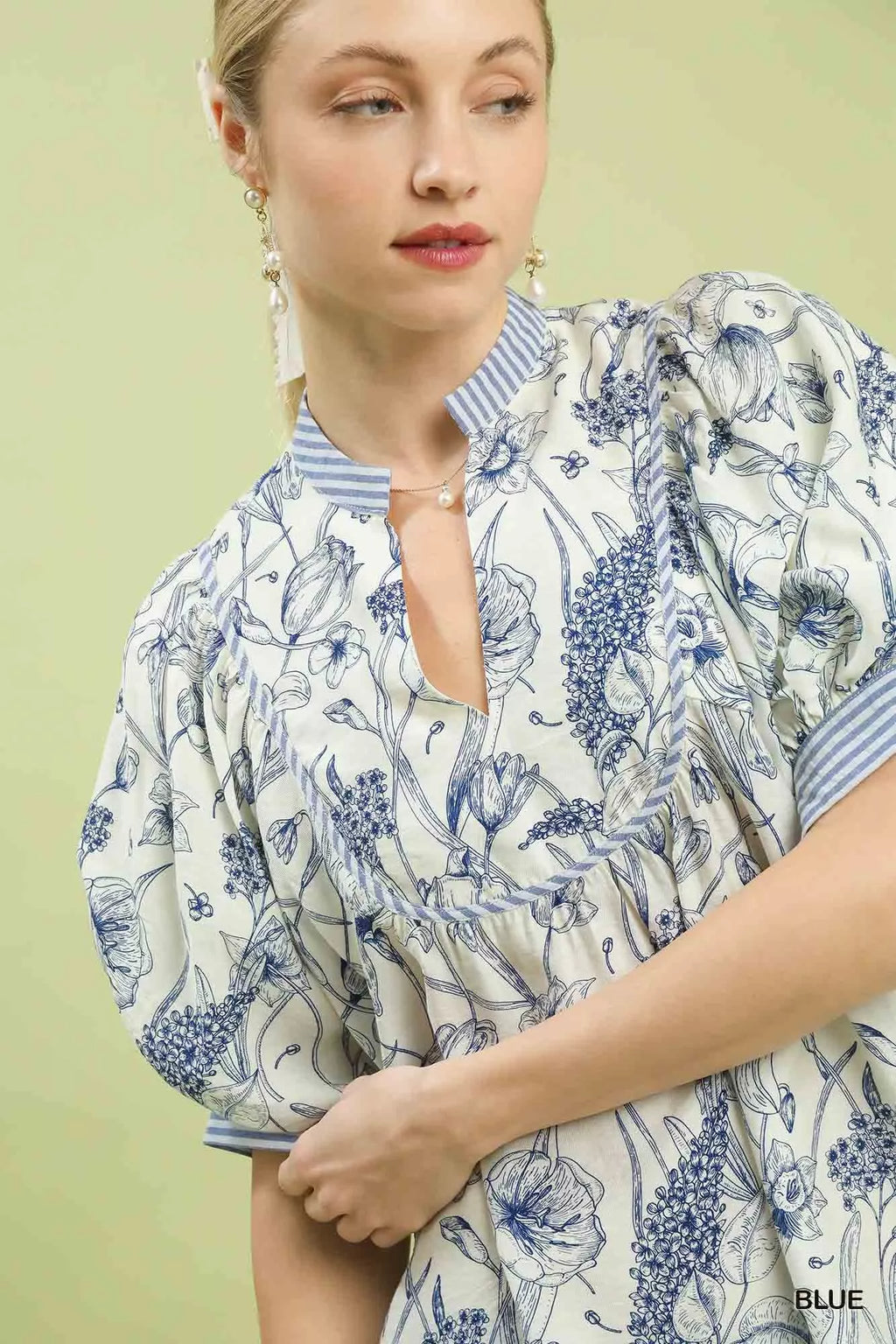 Umgee Mixed Print Puff Sleeve Split Neck Top