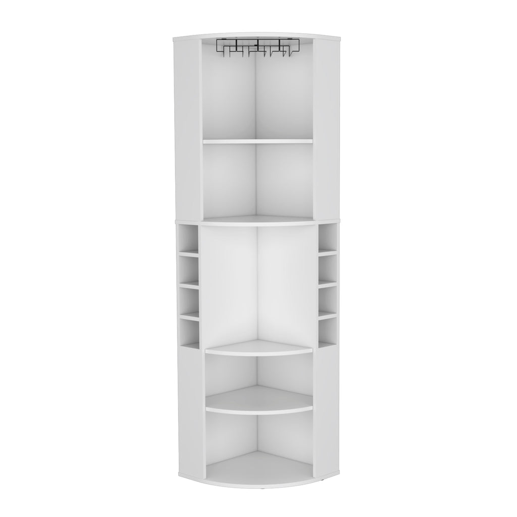 Oban Corner Bar Cabinet with Five Shelves , Eight Bottle Cubbies and Steamware White