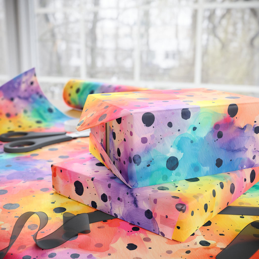 Bespattered Facade Rainbow Watercolor Dots Wrapping Paper | Three Sizes | Glossy or Matte