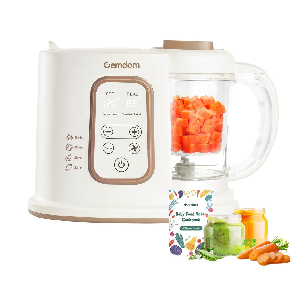 Gemdom Large 4.5 Cup Baby Food Maker 4-1 Steamer and Blender Food Processor for Homemade Organic Puree Smoothie Mash Sterilize and Warm Function 6 Pack Reusable Food Pouches Baby Essentials