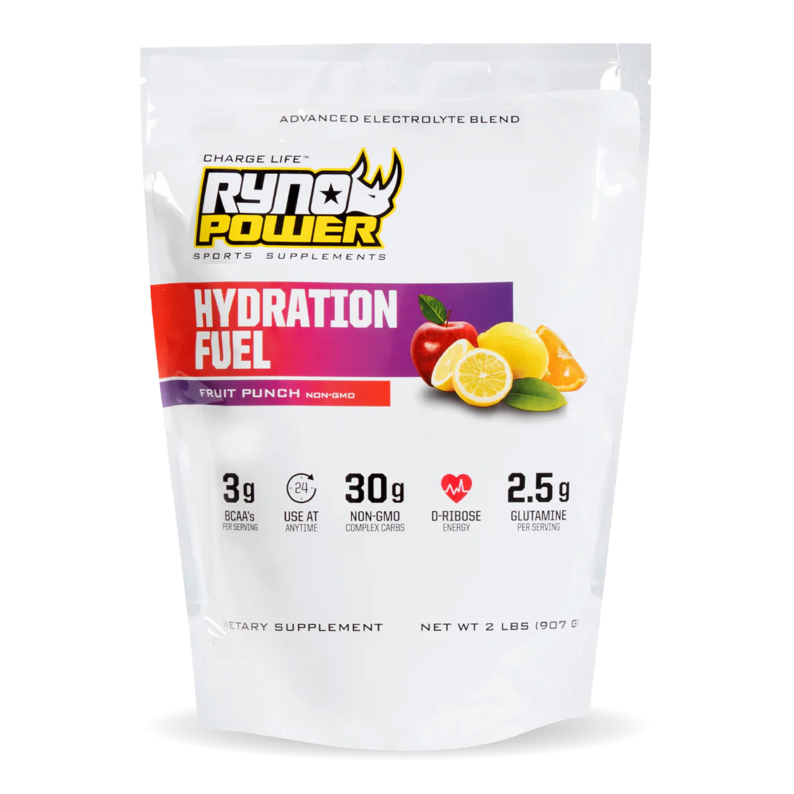 Ryno Power Hydration Fuel Electrolyte Drink Mix 2lb (20 Servings) Fruit Punch - Advanced Electrolyte Formula + BCAAs - Gluten Free - Sustained Energy and Muscle Recovery
