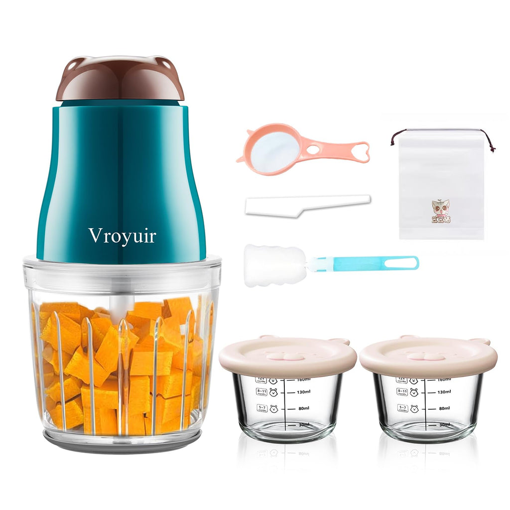 Vroyuir Baby Food Maker 600ML Baby Food Blender with 10 Blades Baby Food Processor for Baby Food Fruit Vegatable Meat with Two 200ml Glass Bowls Storage Bag Cleaning Brush Scraper