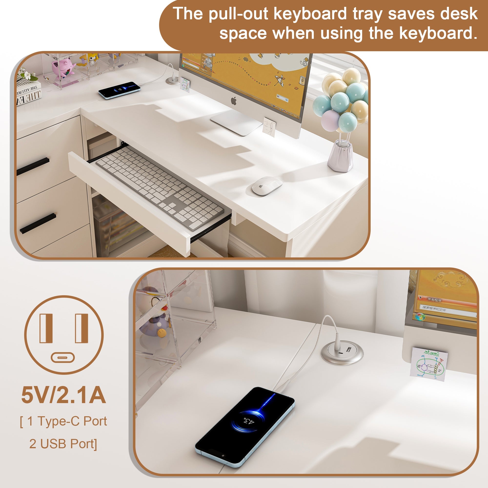 White L-Shaped Computer Desk with Glass Cabinets, Built-In LED Lights, USB Charging Ports, and Keyboard Tray - Ergonomic Office Furniture for Home and Corporate Workspaces