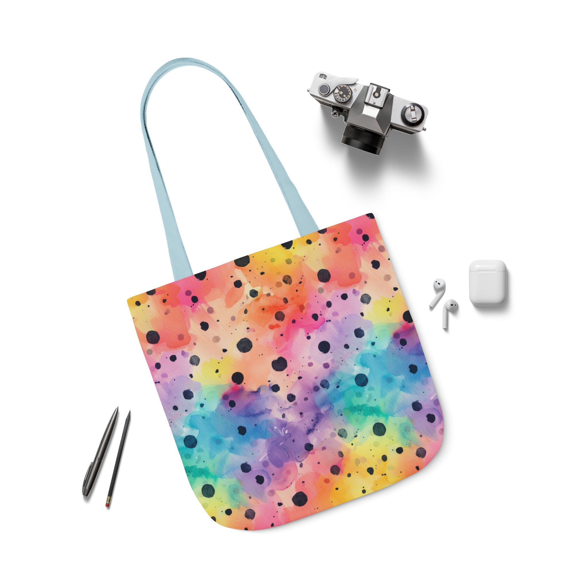 Bespattered Facade Rainbow Watercolor Dots Canvas Tote Bag | 3 Sizes and 5 Strap Colors