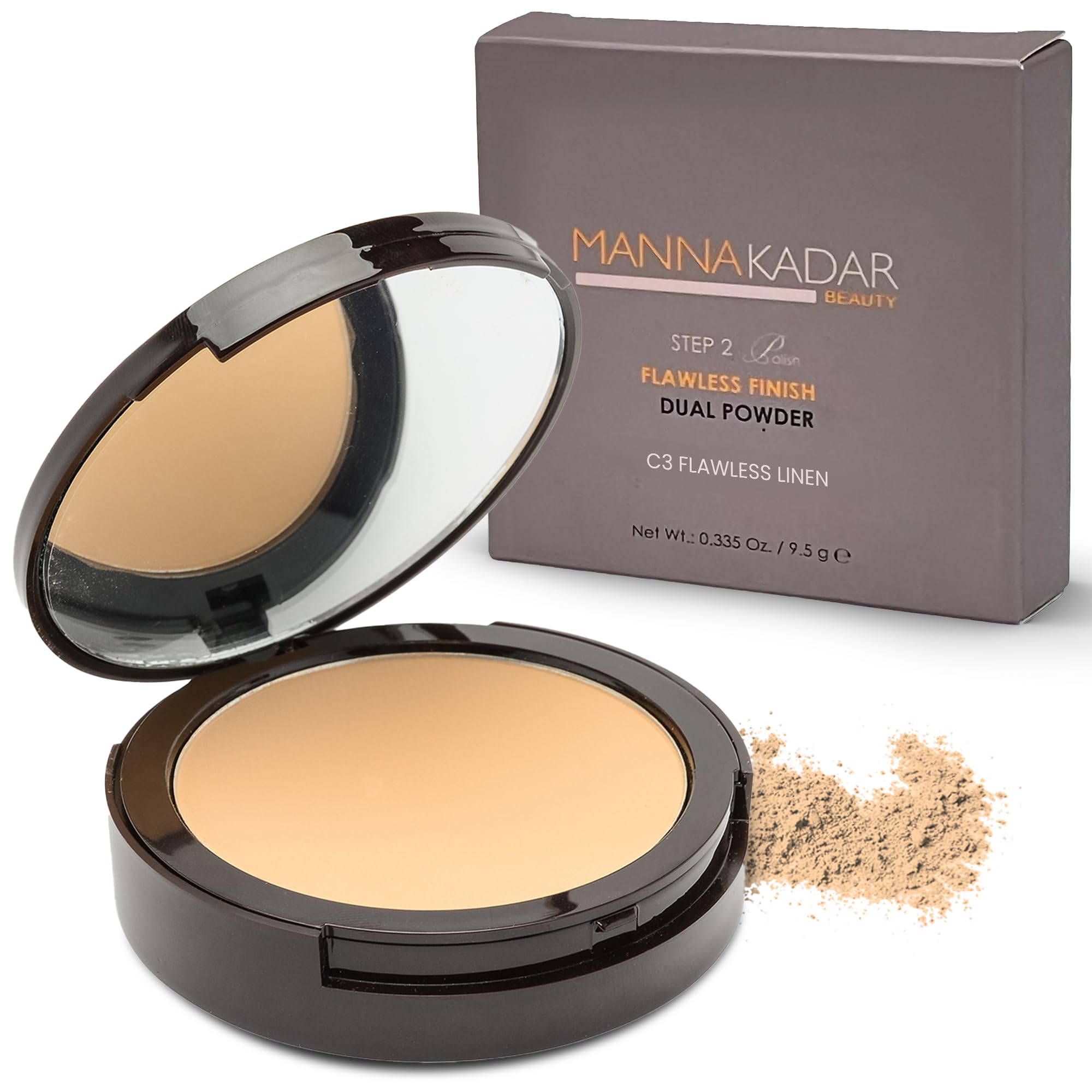 Manna Kadar Beauty Compact Dual Pressed Powder C3 Linen Shade for Medium Skin Tone Medium to Full Coverage Oil Absorbing Foundation and Setting Face Powder Long-Lasting Flawless Matte Finish