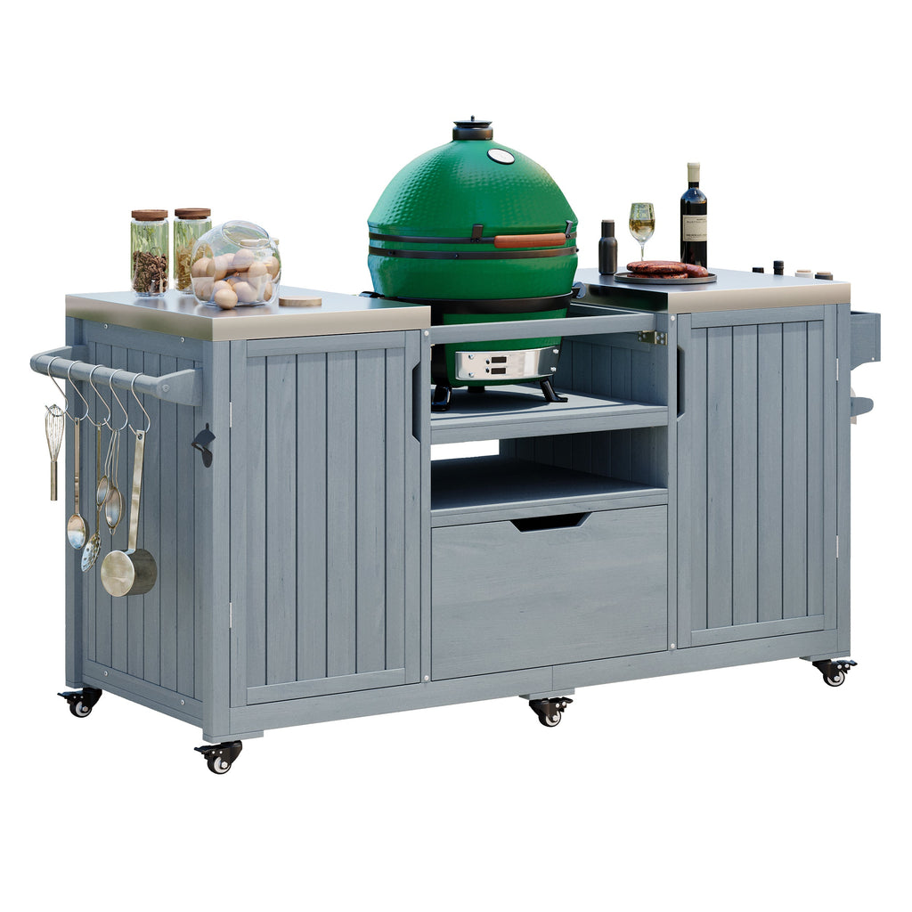 K&K 66.5' Outdoor Kitchen Island for Big Green Egg Grills, Solid Wood Outdoor Grill Cart for Tabletop Grill with Stainless Steel Top, Drawer, Compatible with Large Big Green Egg, Kamado Joe- Grey Blue
