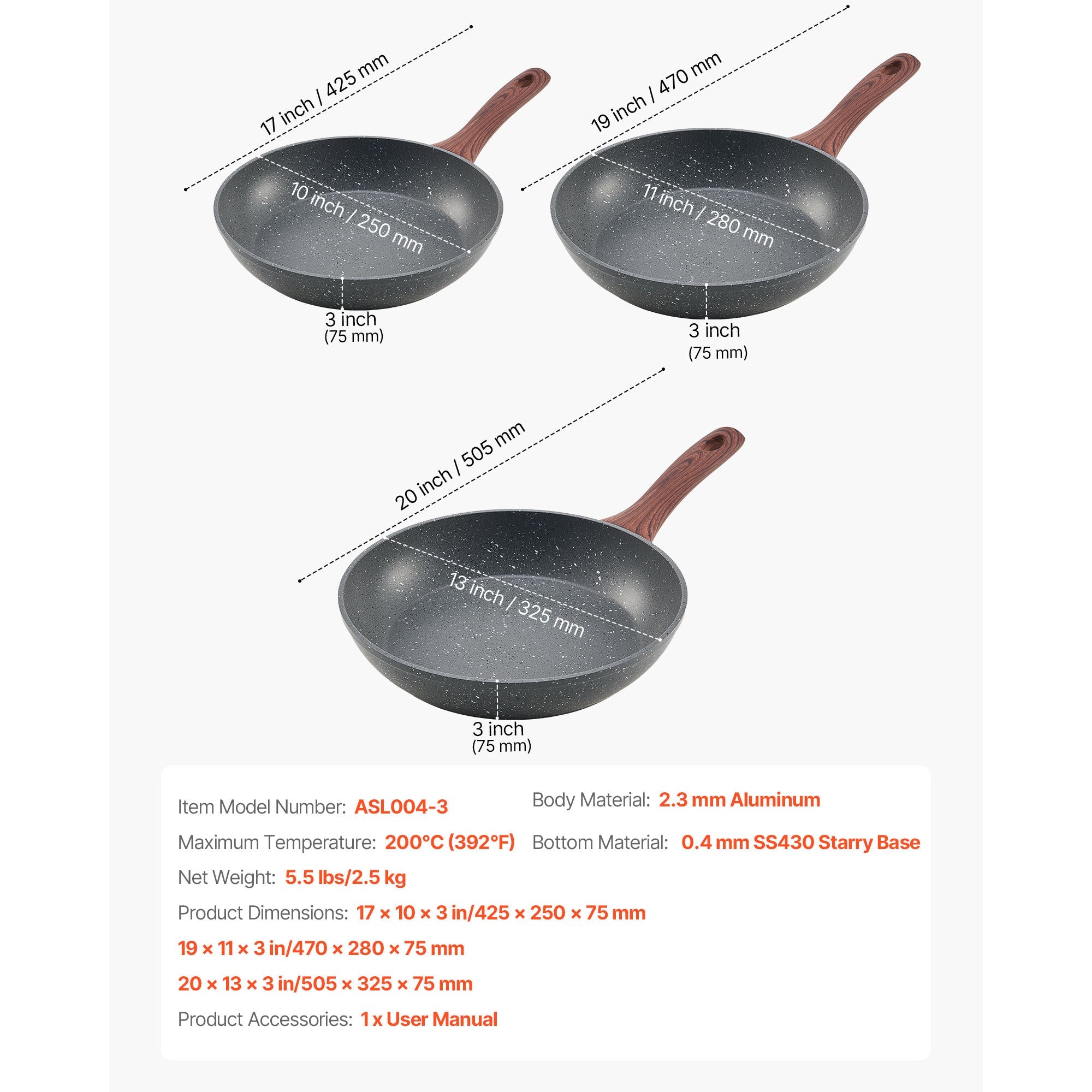 3 Piece Frying Pan Aluminum Skillet Set 9.5 11 12 in Nonstick Pre-Seasoned Grey