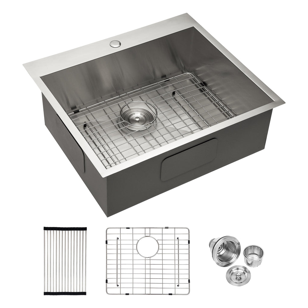 Brushed Nickel Stainless Steel 25 x 22 x 9 Inch Kitchen Sink Drop In with Single Bowl Topmount Design