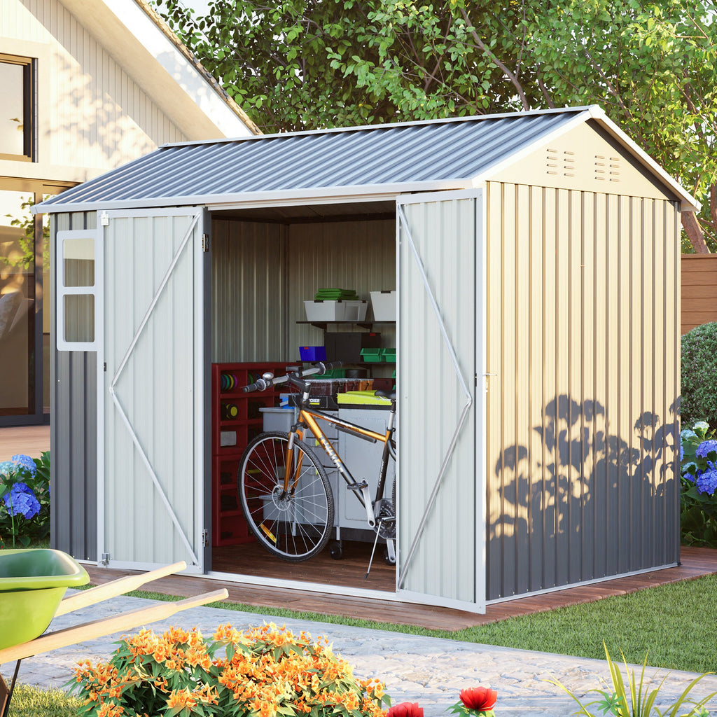 8'x6' Large Steel Storage Shed with Window, Lockable Doors & Sloped Roof, Heavy Duty Outdoor Tool Shed for Garden, Patio, Backyard, Lawn - Dark Gray