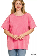 Zenana Acid Wash French Terry Drop Shoulder Raw Edge Top